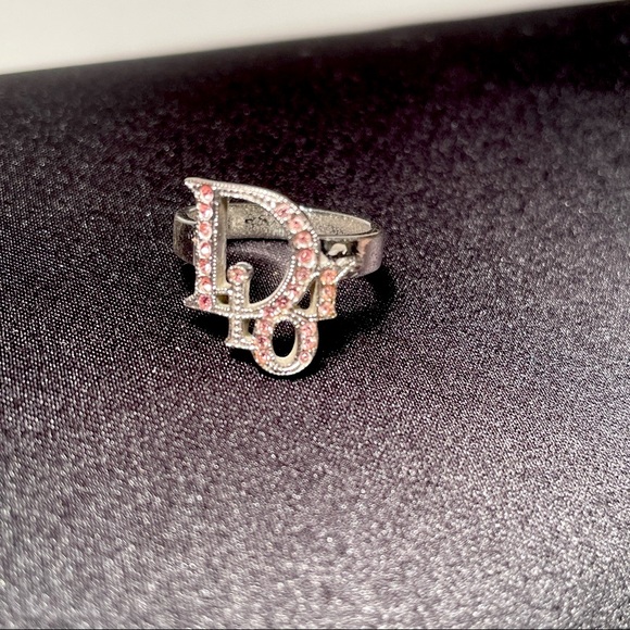 W/Box* AUTHENTIC DIOR palladium logo motif ring with pink Swarovski Crystals - Picture 1 of 7